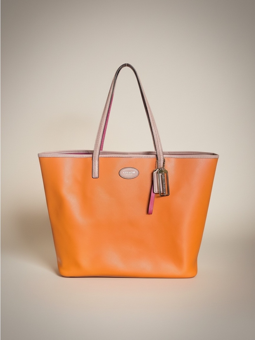 ✨ Coach Orange Crossgrain Leather Tote Pink Interior w/ Dust Bag EUC